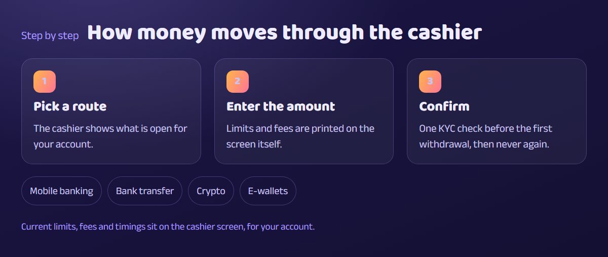 Schematic of the cashier: pick a route, enter the amount, confirm — with mobile banking, bank transfer, crypto and e-wallets